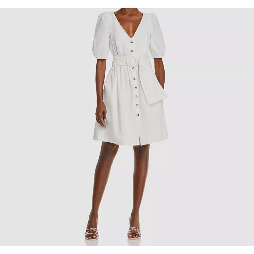 NWOT French Connection White Besima Belted Puff Sleeve Poplin Dress - Size 4
